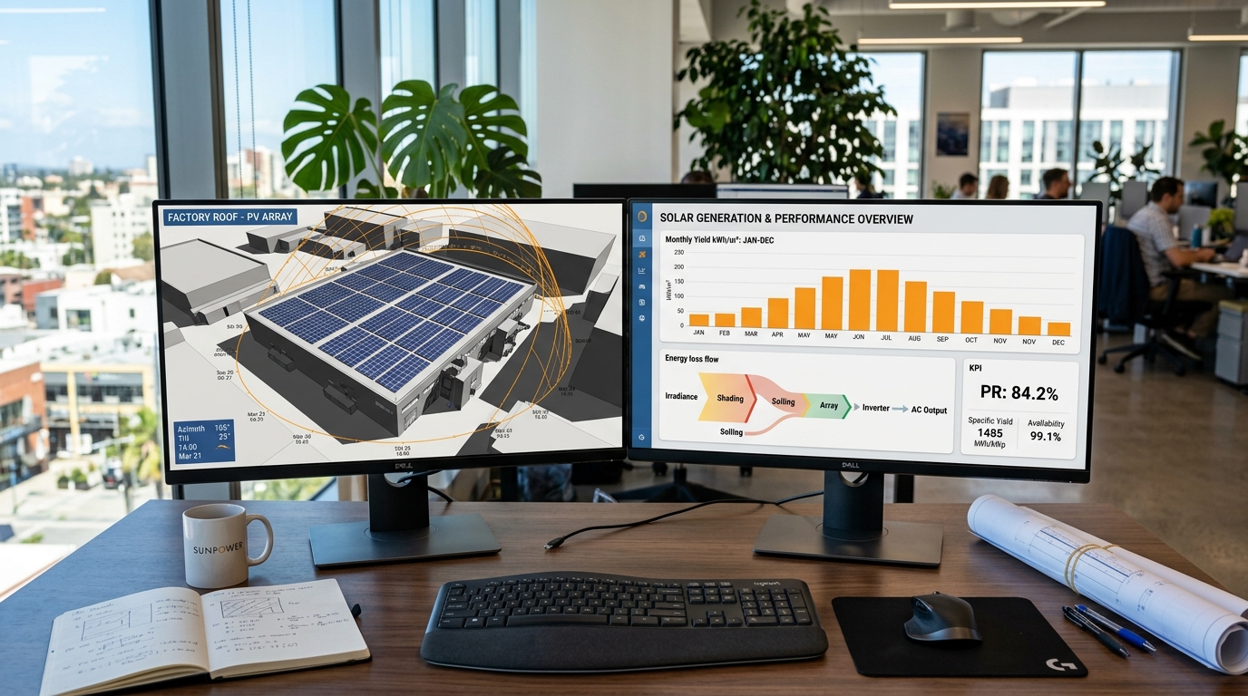 Estación de Trabajo con Simulación PVsyst 3D y Reporte de Performance Ratio